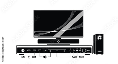 Black and white flat illustration of home entertainment system with TV, soundbar, subwoofer, and DVD player