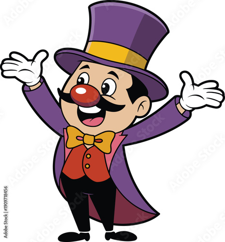 Funny cartoon circus clown ringmaster with top hat, cheerful entertainer character illustration isolated on white background vector design