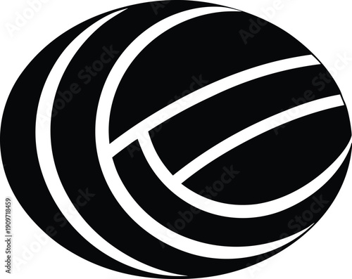 A black and white graphic of a spherical object with curved lines silhouette