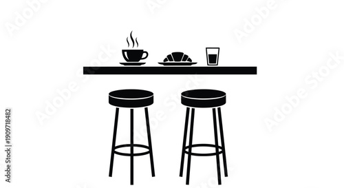 Minimalist flat illustration of two stools at a table with coffee, croissant, and juice