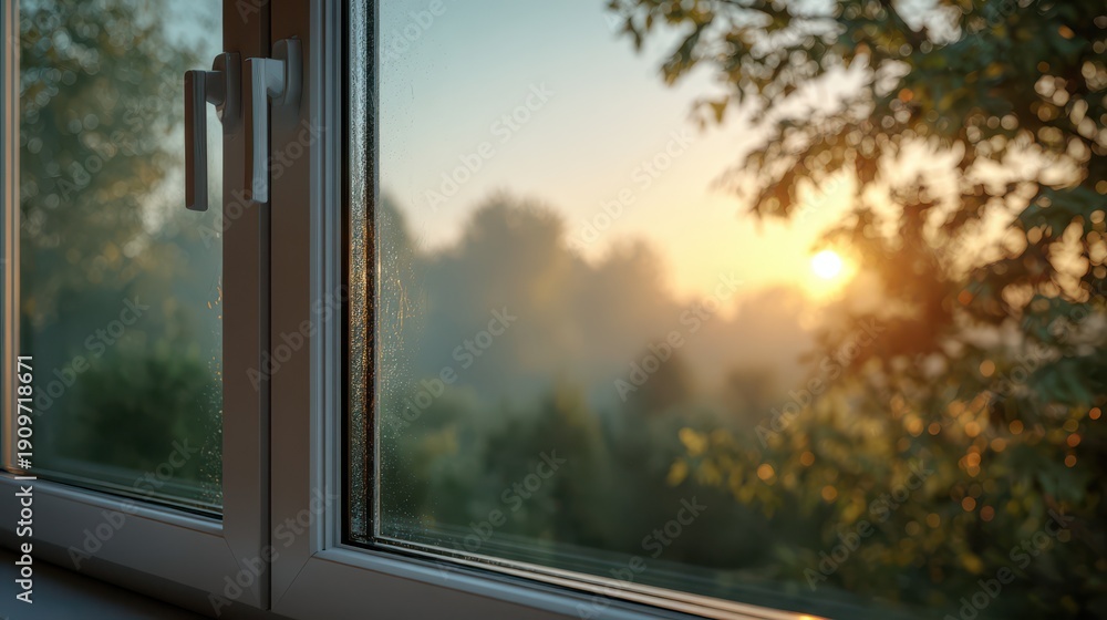 Fototapeta premium Sunrise view through a window with condensation overlooking a misty garden at dawn