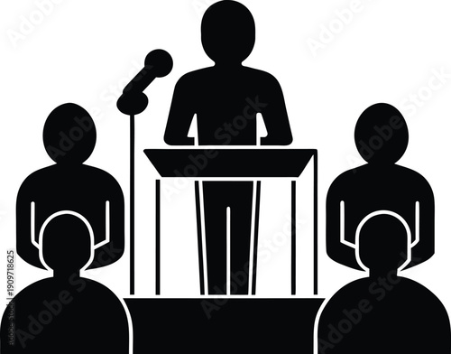 A speaker at a podium addressing an audience depicted in stark black silhouette