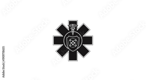 Black and white flat vector logo symbol with shield and medical caduceus