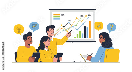 Collaborative Team Analyzing Successful Market Growth Projections and Strategic Performance Review in a Dynamic Business Meeting