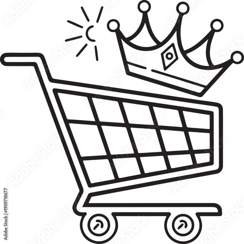 Shopping Cart Crowned: An illustrated shopping cart topped with a regal crown, symbolizing retail royalty and the sovereign experience of shopping.