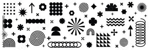Collection of geometric graphic elements. Brutalist style abstract shapes. Retro design. Vector illustration