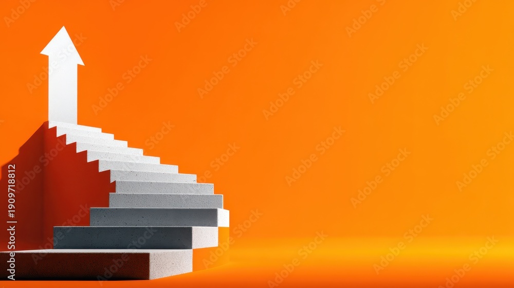 Obraz premium White spiral staircase with an upward pointing arrow on a vibrant orange background, representing success, progress, and growth.