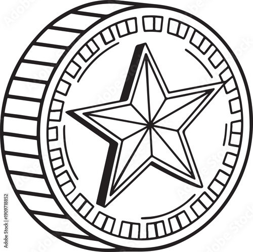 Star Emblem Coin: A close-up view of a detailed coin, the focal point being a star emblem, which sits in the centre. The coin also contains tiny geometric shapes and textures.