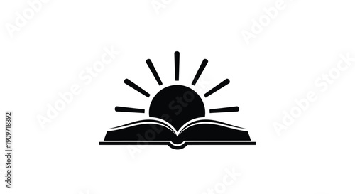 Minimalist black icon of an open book with a sun rising behind it, symbol, logo, flat design