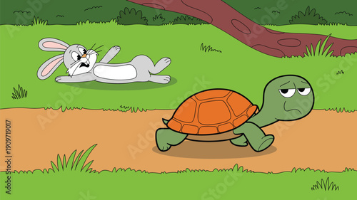 Cartoon turtle and rabbit race scene, funny slow tortoise winning competition illustration in forest landscape, kids fable vector design