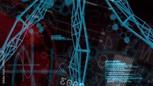 Cyan 3D lattice appearing starting camera pan rotating and moving closer showing layered HUD data