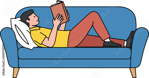 A cartoon man in a yellow shirt and red pants relaxing on a blue sofa lying down and reading a book.