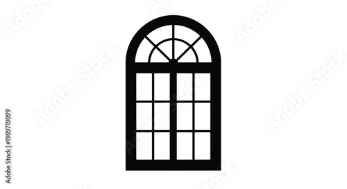 Black silhouette of an arched window with grid pattern