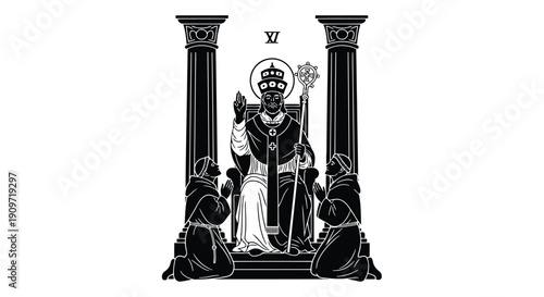 Black and white illustration of a pope sitting between two columns with people kneeling on either side