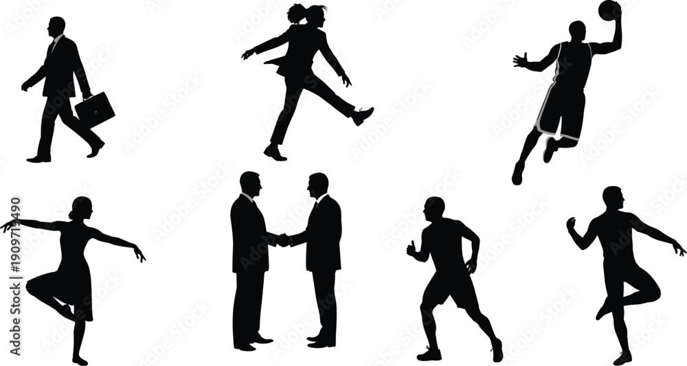 Obraz premium Silhouette people walking, business briefcase, jumping pose, basketball dunk, ballerina dancer, handshake greeting, running athlete, lifestyle vector, design bundle, stock art