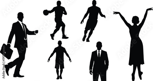 Silhouette people walking, business briefcase, basketball player, athlete running, dancer pose, ballet movement, lifestyle vector, career paths, design bundle, stock art
