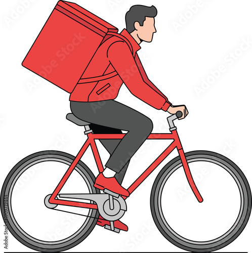 A delivery courier in a red jacket and thermal backpack riding a matching red bicycle.