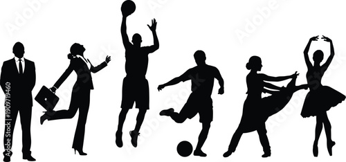 Business professional silhouette, jumping executive with briefcase, basketball player action, soccer athlete kicking ball, ballroom dancers, ballet performer elegant pose