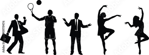 Businessman silhouette with briefcase, tennis player action, basketball athlete pose, corporate worker gesture, ballet dancer elegance, sports and dance diversity