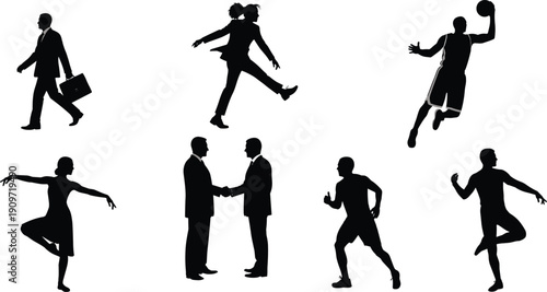 Silhouette people walking, business briefcase, jumping pose, basketball dunk, ballerina dancer, handshake greeting, running athlete, lifestyle vector, design bundle, stock art