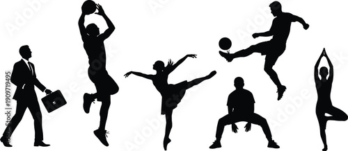 Silhouette people walking, business briefcase, basketball dunk, ballet dancer, soccer kick, yoga tree pose, lifestyle vector, athletic icons, design bundle, stock art
