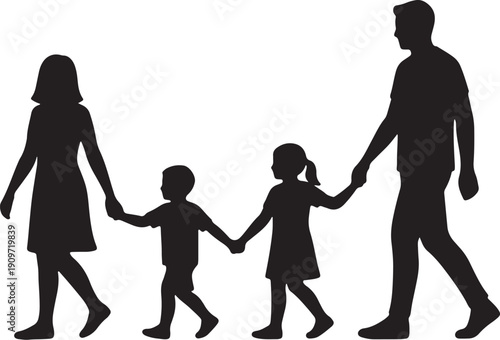 Black silhouettes of family with two children walking hand in hand on white background also transparent background