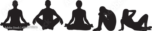 Five black silhouettes of people in various yoga poses on white background also transparent background 1