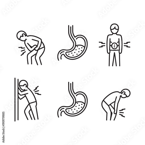 Illustrations depicting various symptoms of abdominal pain and discomfort