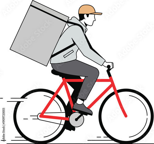 A minimalist line art illustration of a delivery courier riding a fast red bicycle with a large grey backpack.