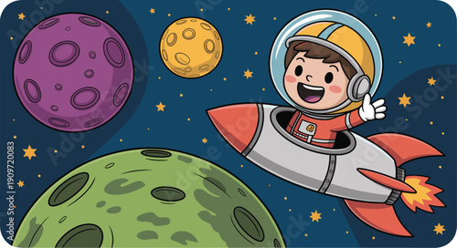Cute cartoon astronaut flying rocket in space, happy kid cosmonaut illustration with planets and stars, galaxy adventure vector design