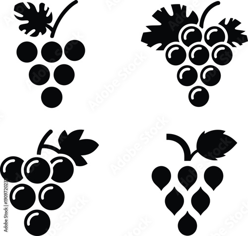Four black silhouettes of bunches of grapes