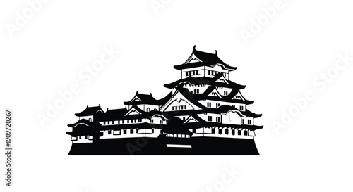 Traditional Japanese castle silhouette with multiple roofs and towers on a hill