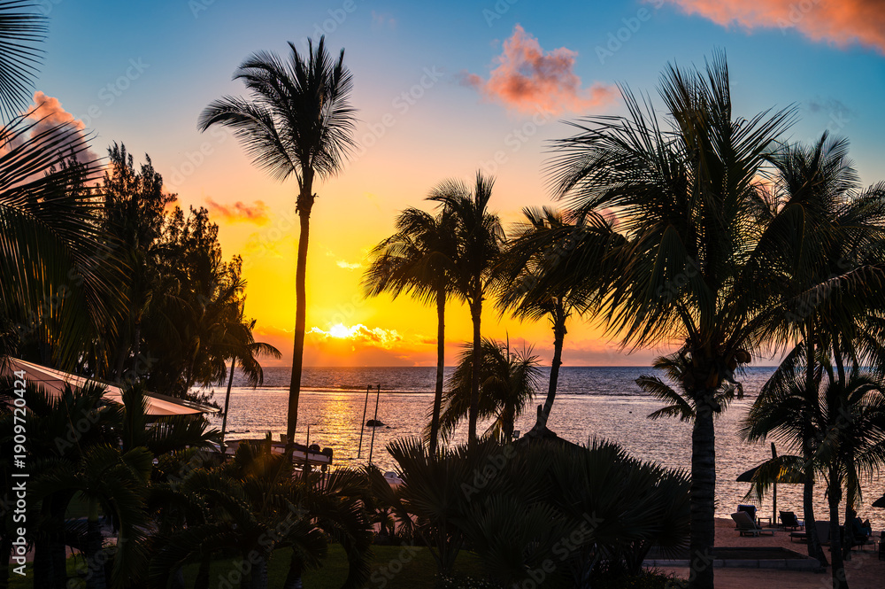 Obraz premium Spectacular tropical sunset with palm tree silhouettes in Mauritius
