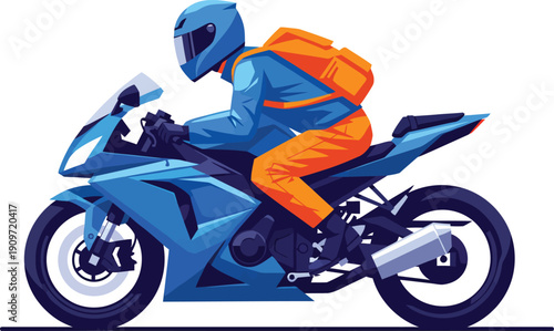 A motorcyclist in a blue helmet and orange pants riding a sleek blue sport motorcycle.