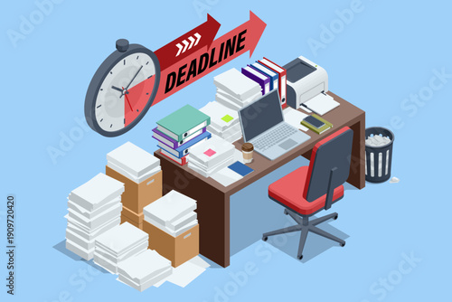 Isometric business deadline concept with document overload. Office stress and urgency illustration. Strict deadline and office stress. Workplace stress scene with paper chaos and tight schedule.