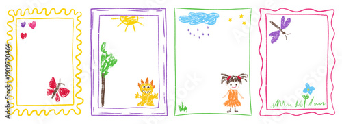 Kindergarten border box with frame crayon pastel and kid pencil text. Drawn drawing shape with heart birthday cute and child childish day. Gift kids kindergarten with doodle photo frame.