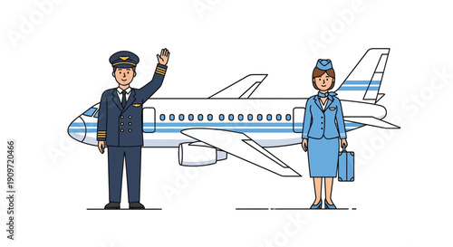 Cartoon illustration of a pilot and flight attendant with an airplane
