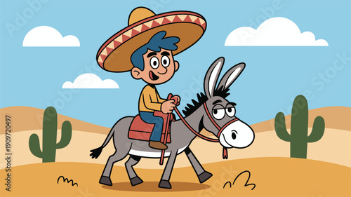 Cartoon Mexican boy riding donkey in desert, cute sombrero character illustration with cactus landscape, western vector clipart design