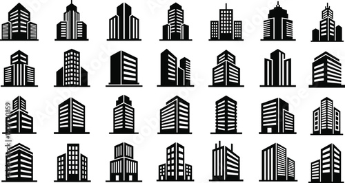 Collection of modern office building icons, black and white architectural skyscraper silhouettes, urban cityscape design elements for planning projects