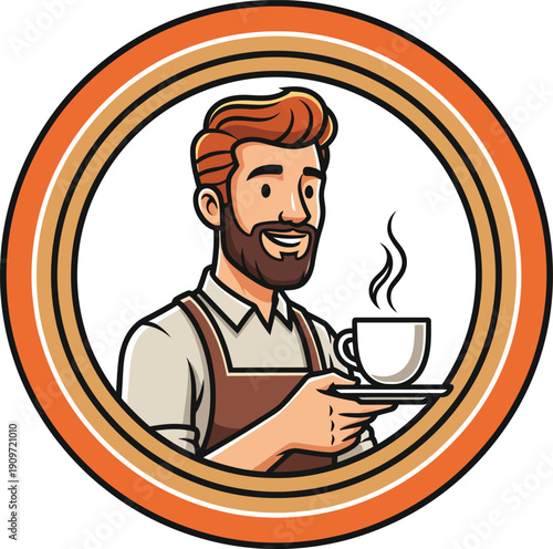 A smiling cartoon barista with a beard and brown apron serving a steaming cup of hot coffee.