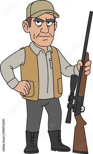 Cartoon hunter man holding rifle, serious outdoorsman character illustration isolated on white background, hunting season vector clipart design
