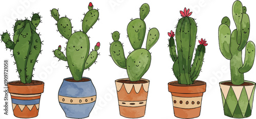 Five colorful potted cacti plants in decorative terracotta pots on white background
