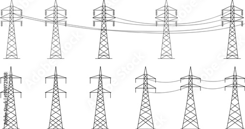 Electrical transmission towers with power lines, high voltage pylons illustration comparing different designs, energy infrastructure engineering schematic diagram