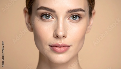 Portrait of a fair-skinned woman with green eyes and neutral makeup on a beige background