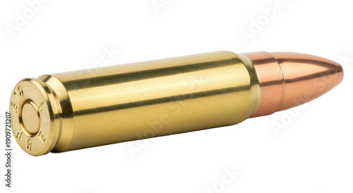 Fotografia Brass 5 56mm NATO cartridge isolated on transparent background, ammunition for A