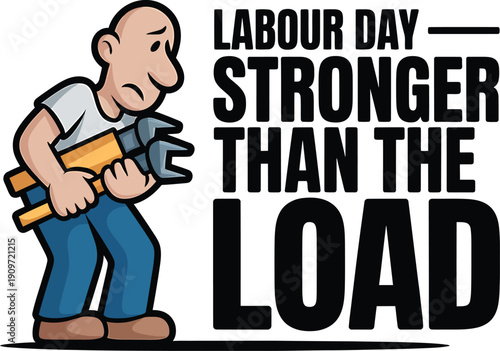 Labourer holding large wrench and plank stronger than load labour day strong man worker