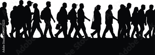 Collection of diverse people silhouettes walking in a crowd, group of pedestrians on the street, commuters on the way, graphics,