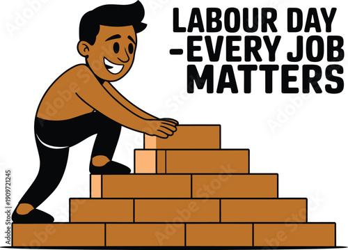 Cartoon man building brick staircase labour day