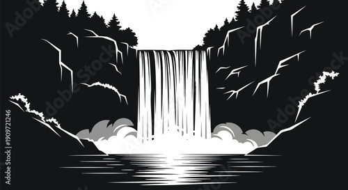 Black and white illustration of a waterfall with trees on a cliffside in a minimalist flat design style