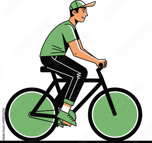 A young man in a green tshirt and backward cap rides a black bicycle with matching green wheels.